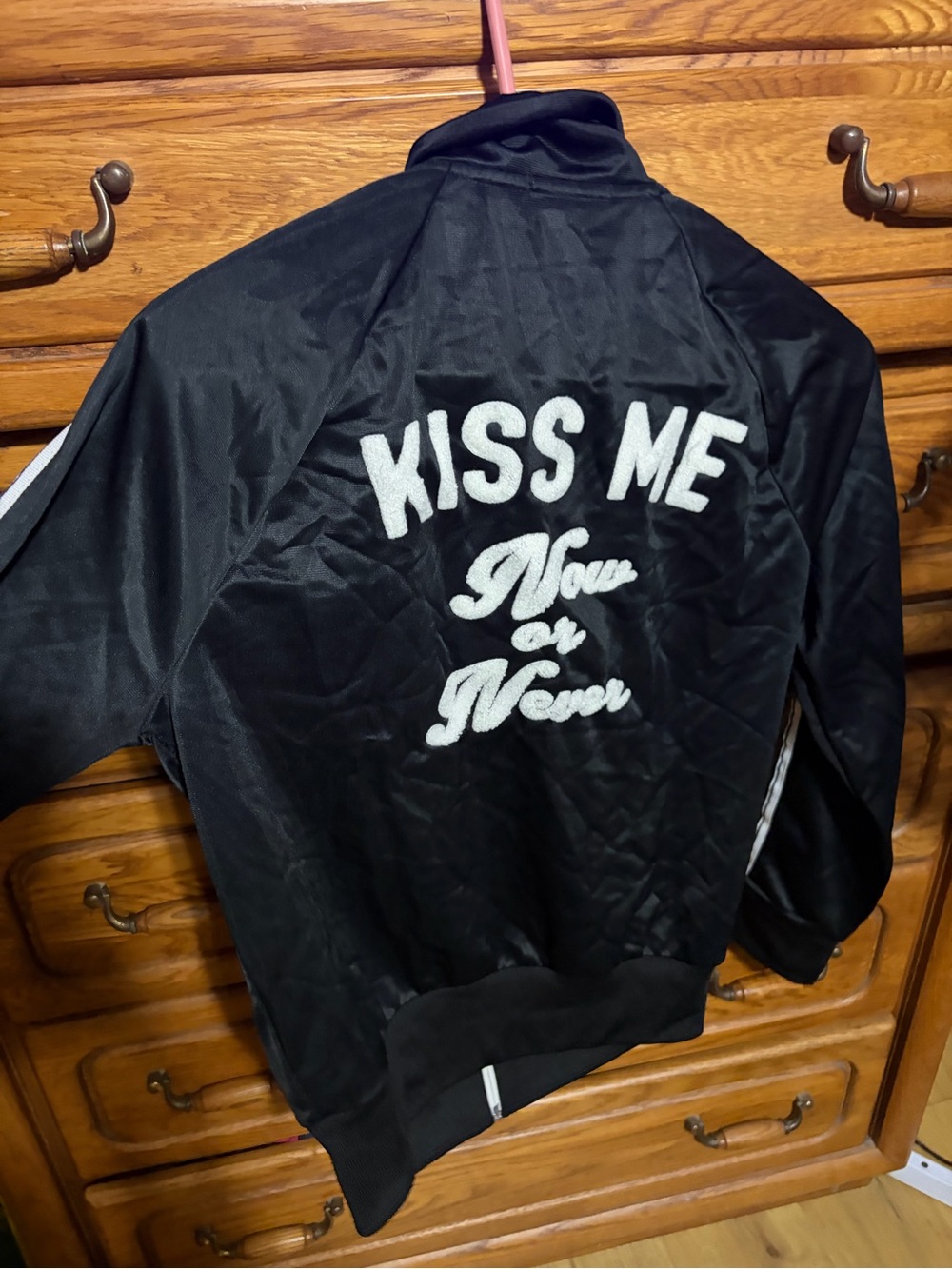 Forever 21 Black Satin Bomber Jacket with White Lettering